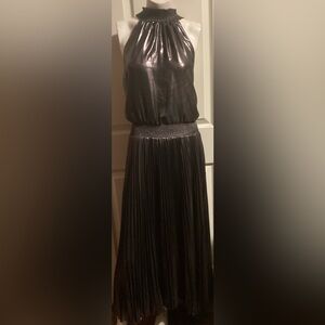 BEAUTIFUL HALTER WHBM METALLIC BRONZE  FULL PLEATED DRESS